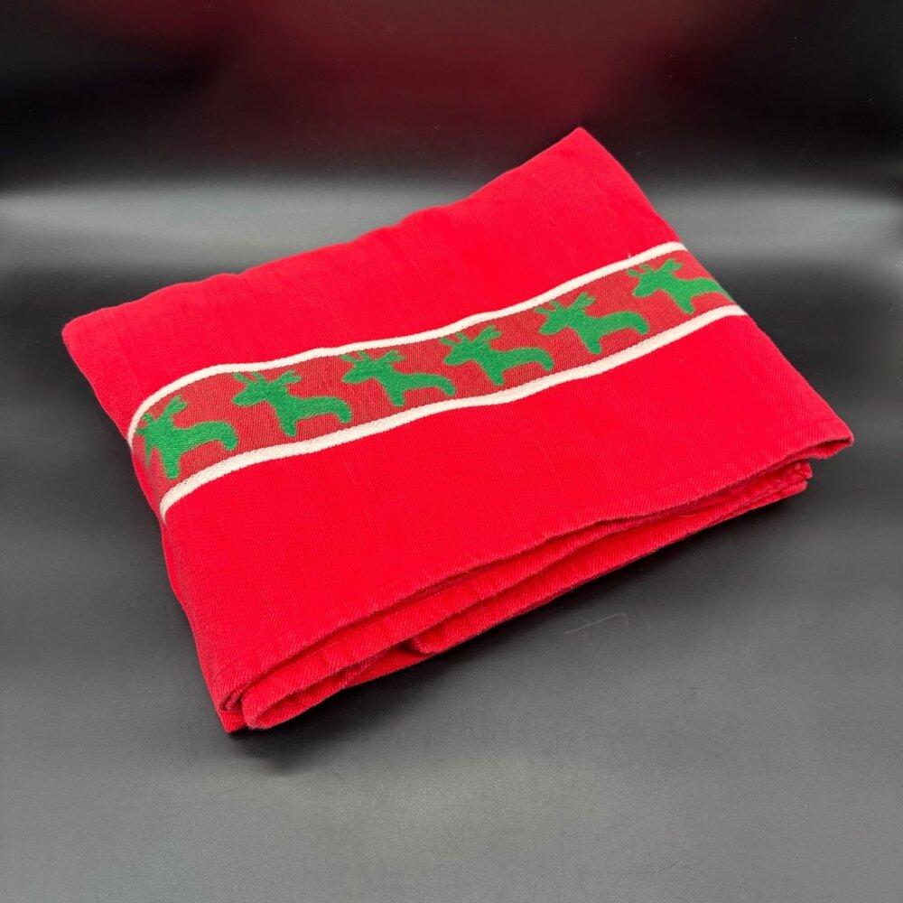 Vintage Christmas Tablecloth Reindeer Red Green Cotton 1987 Tag Textile 62 x 95